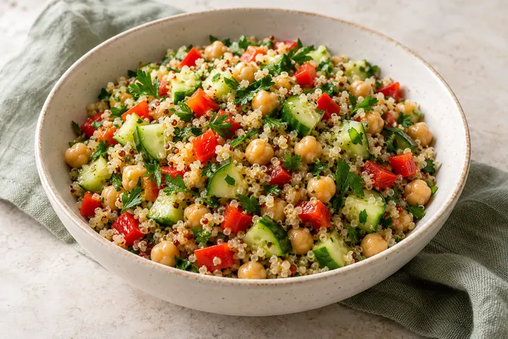 Salade de quinoa, pois chiches et légumes